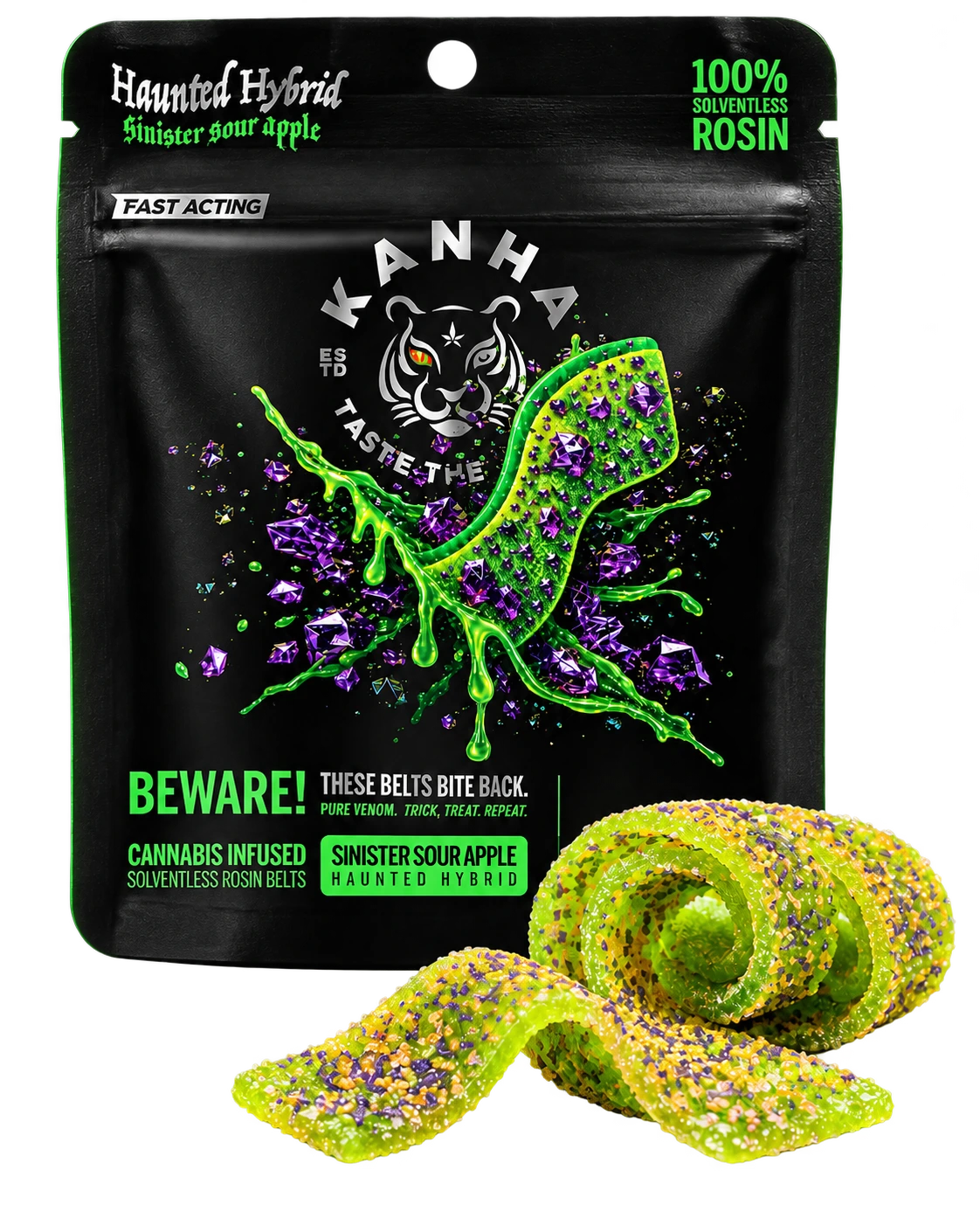 Sinister Sour Apple package with curled and wavy sugar-coated belts