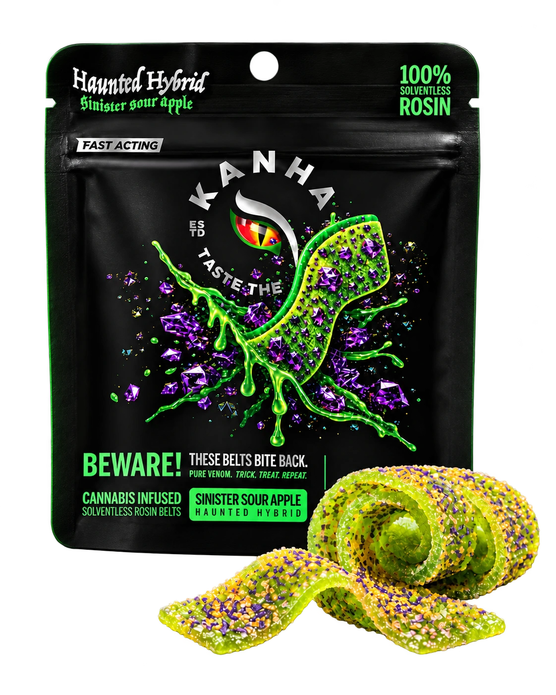 Sinister Sour Apple package with curled and wavy sugar-coated belts